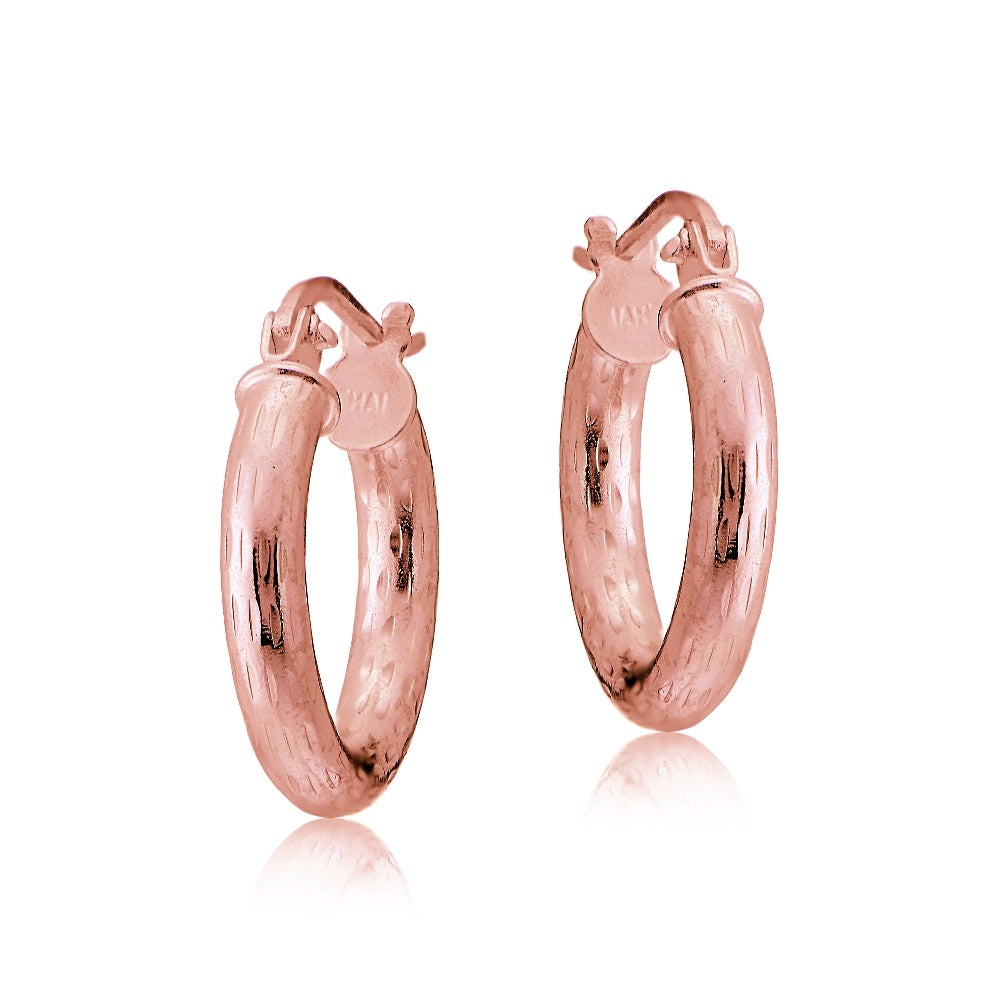 Rose Gold Tone over Sterling Silver 2.5mm Diamond Cut Polished Round Hoop Earrings, 15mm-2
