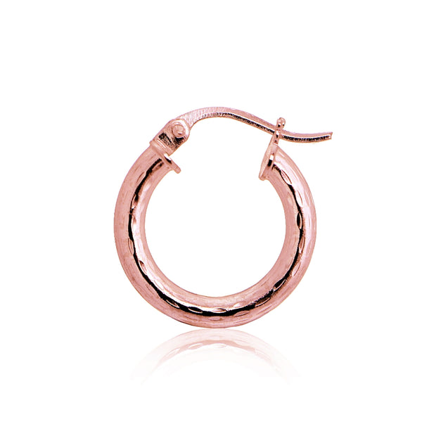 Rose Gold Tone over Sterling Silver 2.5mm Diamond Cut Polished Round Hoop Earrings, 15mm