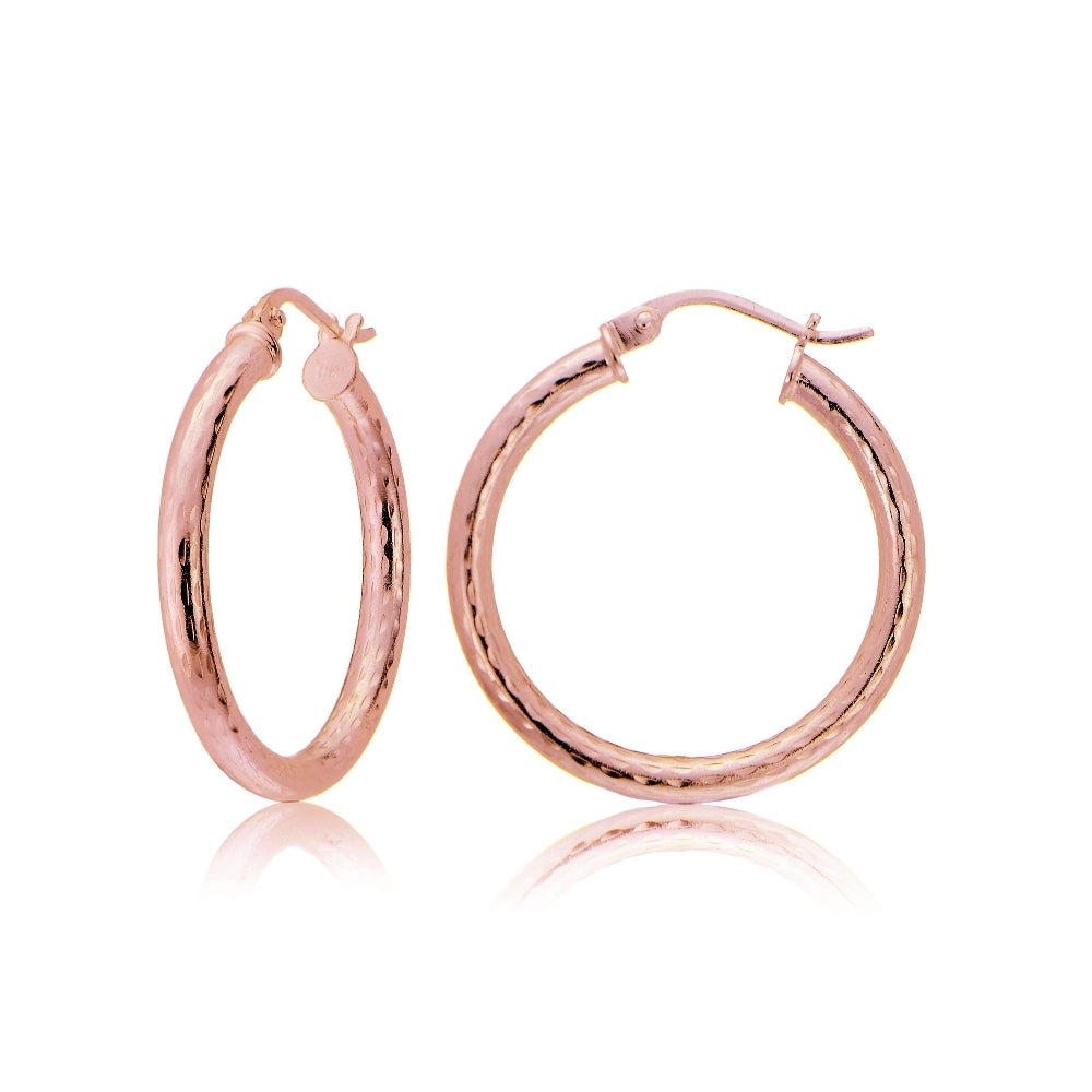 Rose Gold Tone over Sterling Silver 2.5mm Diamond Cut Polished Round Hoop Earrings, 20mm