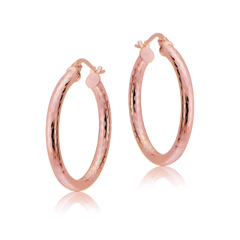 Rose Gold Tone over Sterling Silver 2.5mm Diamond Cut Polished Round Hoop Earrings, 20mm-2