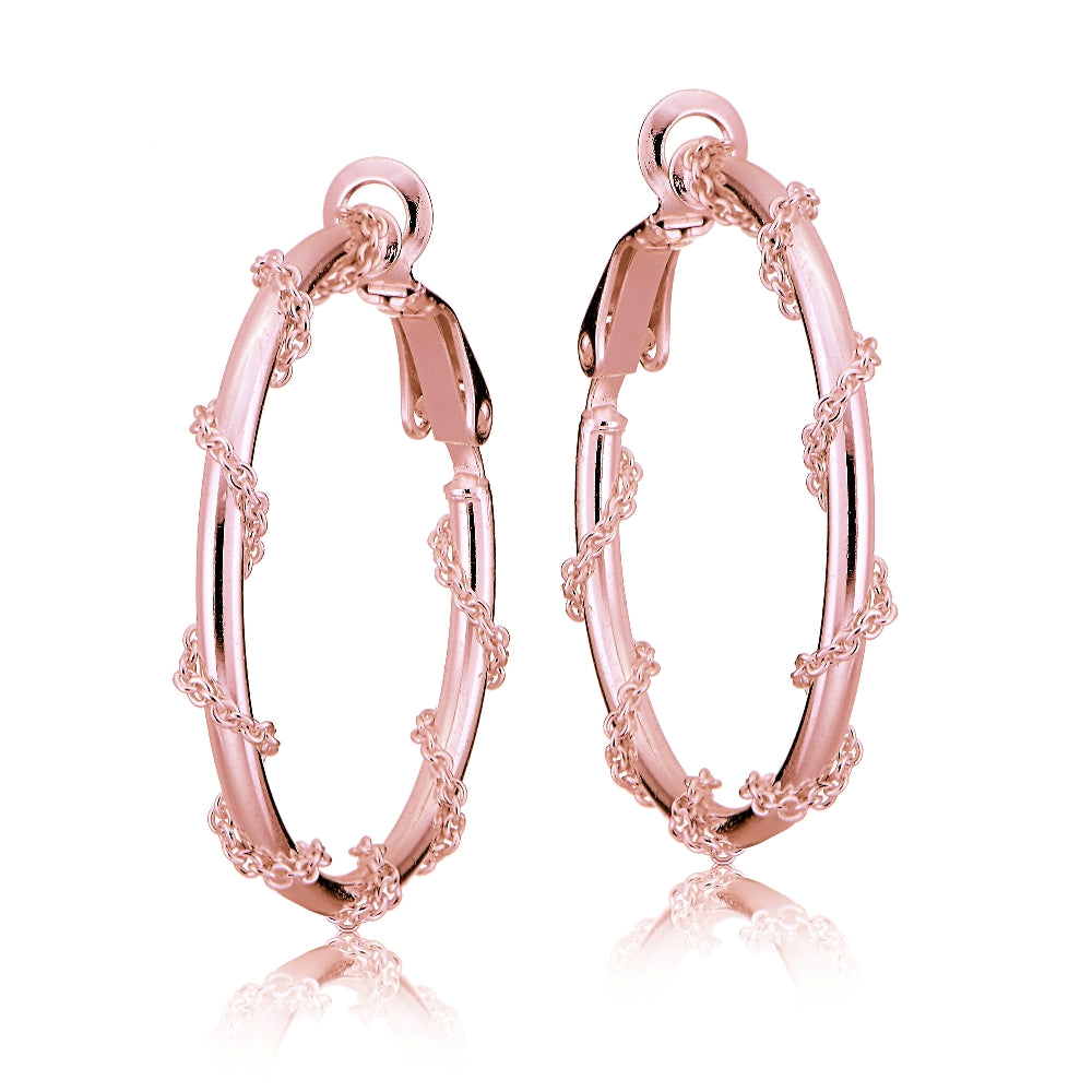 Rose Gold Tone over Sterling Silver Chain Wrap Clip-On Hoop Earrings, 30mm-2