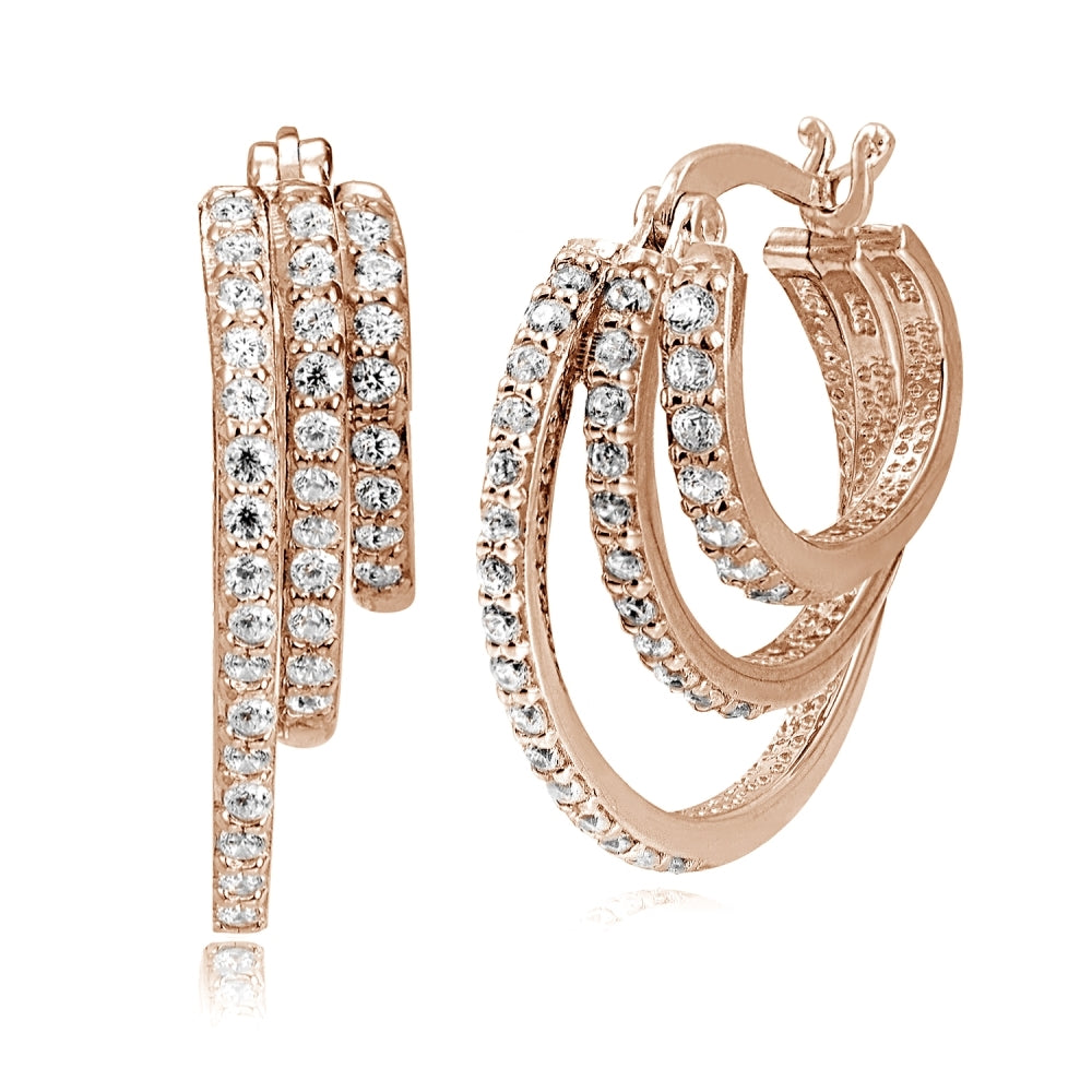 Rose Gold Tone over Sterling Silver Cubic Zirconia Triple Round Graduating Hoop Earrings