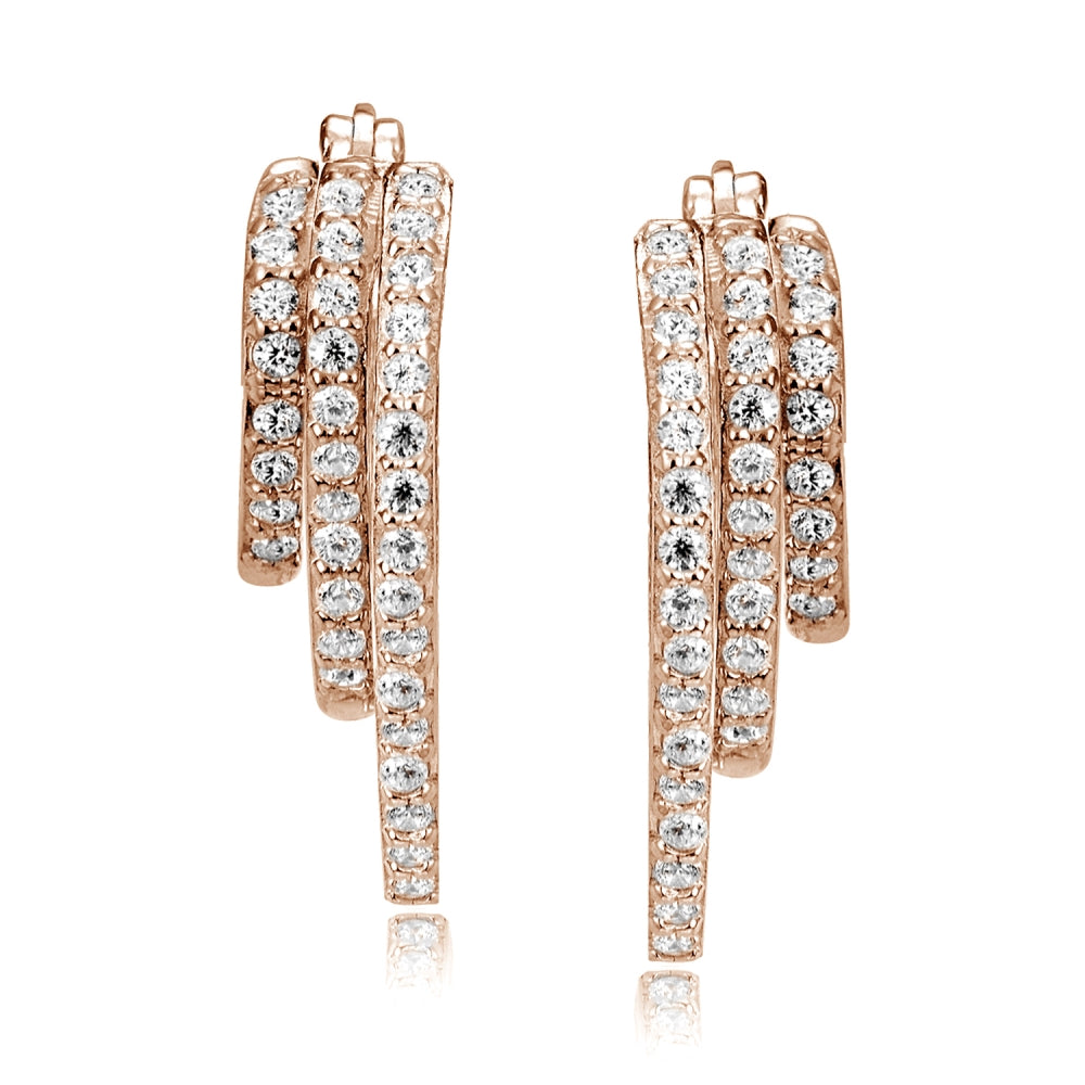 Rose Gold Tone over Sterling Silver Cubic Zirconia Triple Round Graduating Hoop Earrings-2