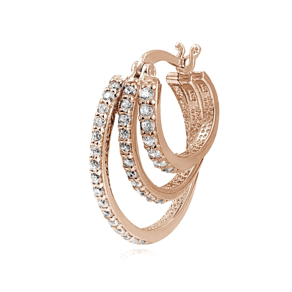 Rose Gold Tone over Sterling Silver Cubic Zirconia Triple Round Graduating Hoop Earrings-3