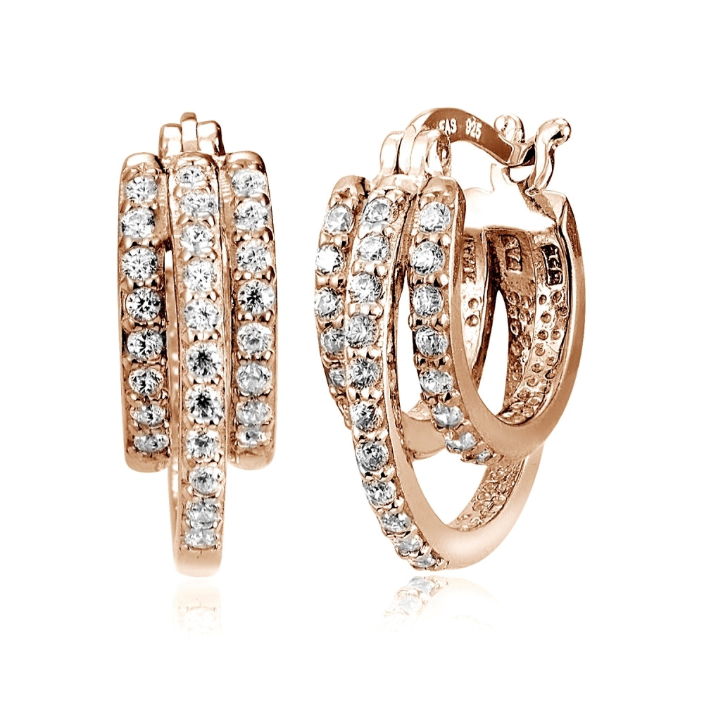Rose Gold Tone over Sterling Silver Cubic Zirconia Triple Row Fashion Hoop Earrings