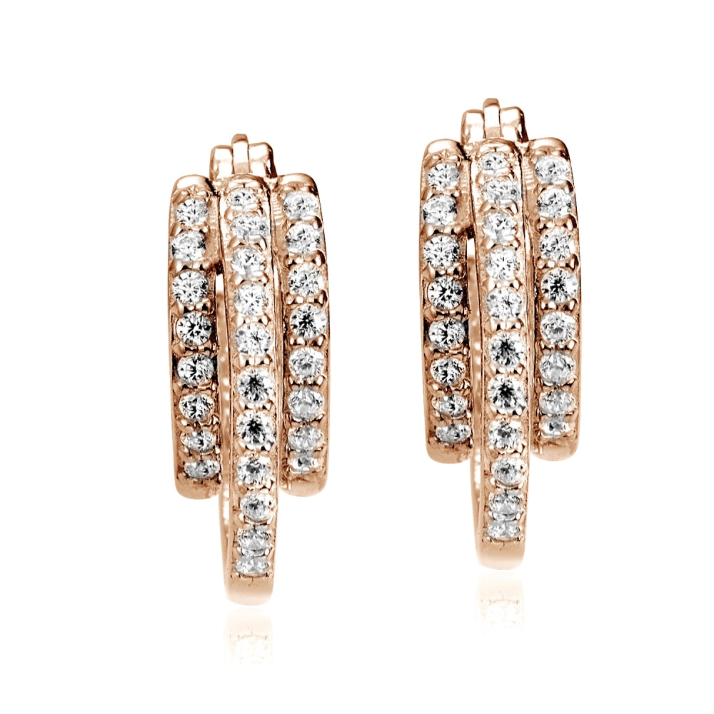 Rose Gold Tone over Sterling Silver Cubic Zirconia Triple Row Fashion Hoop Earrings-2