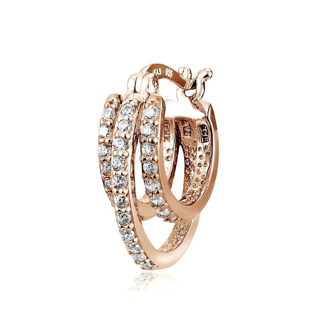 Rose Gold Tone over Sterling Silver Cubic Zirconia Triple Row Fashion Hoop Earrings-3