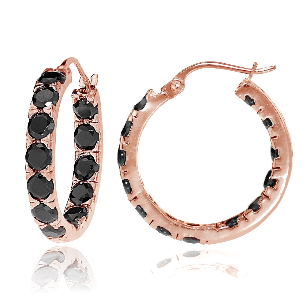 Rose Gold Tone over Sterling Silver Black Cubic Zirconia Inside Out 3x25 mm Round Hoop Earrings
