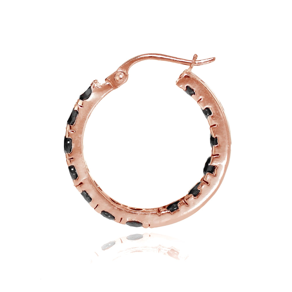 Rose Gold Tone over Sterling Silver Black Cubic Zirconia Inside Out 3x25 mm Round Hoop Earrings-2