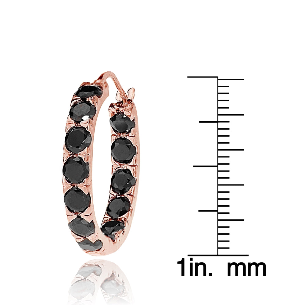 Rose Gold Tone over Sterling Silver Black Cubic Zirconia Inside Out 3x25 mm Round Hoop Earrings-3