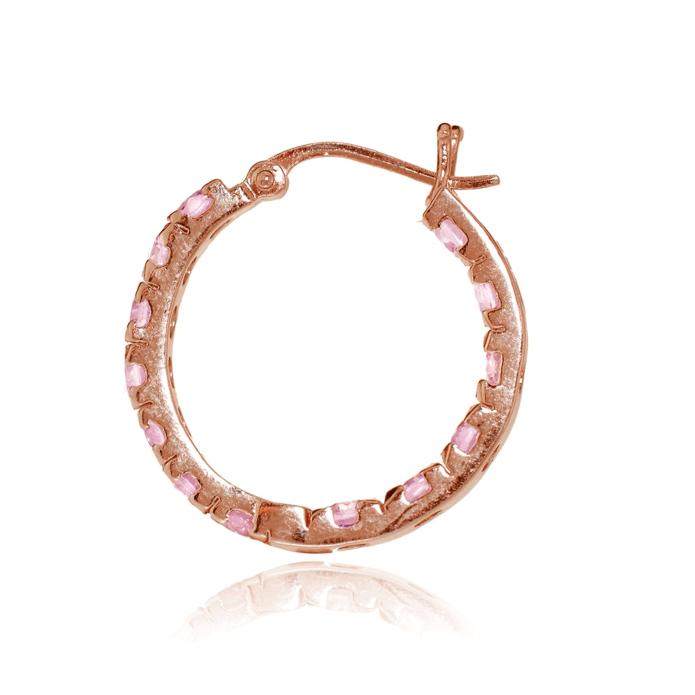 Rose Gold Tone over Sterling Silver Light Pink Cubic Zirconia Inside Out 3x25 mm Round Hoop Earrings-2