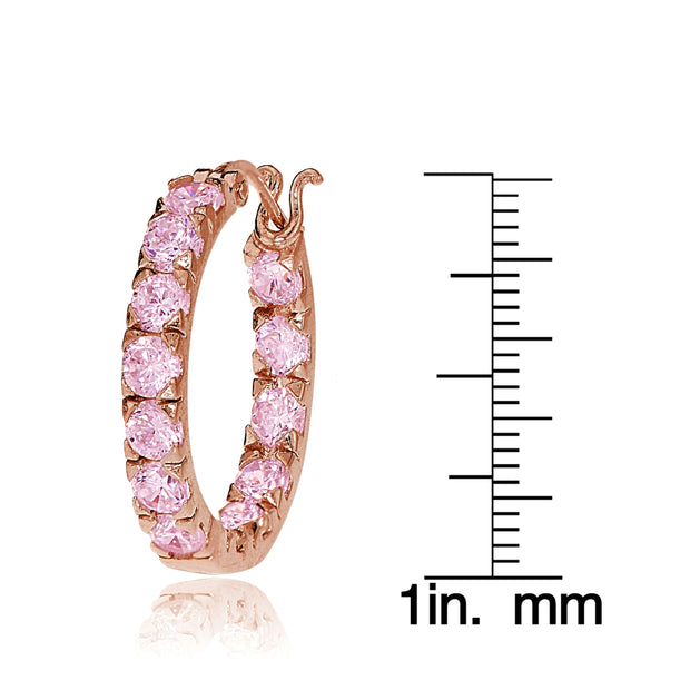 Rose Gold Tone over Sterling Silver Light Pink Cubic Zirconia Inside Out 3x25 mm Round Hoop Earrings