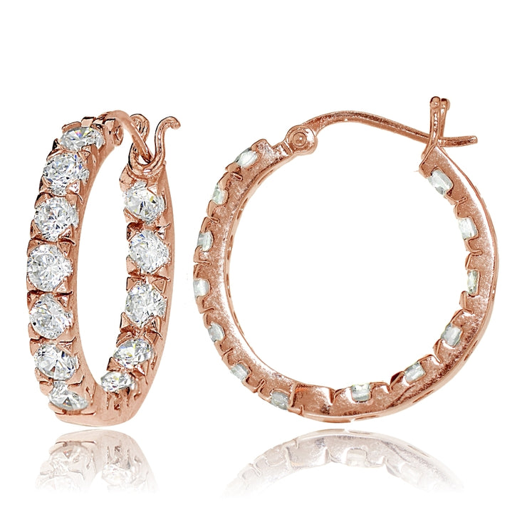 Rose Gold Tone over Sterling Silver Cubic Zirconia Inside Out 3x25 mm Round Hoop Earrings