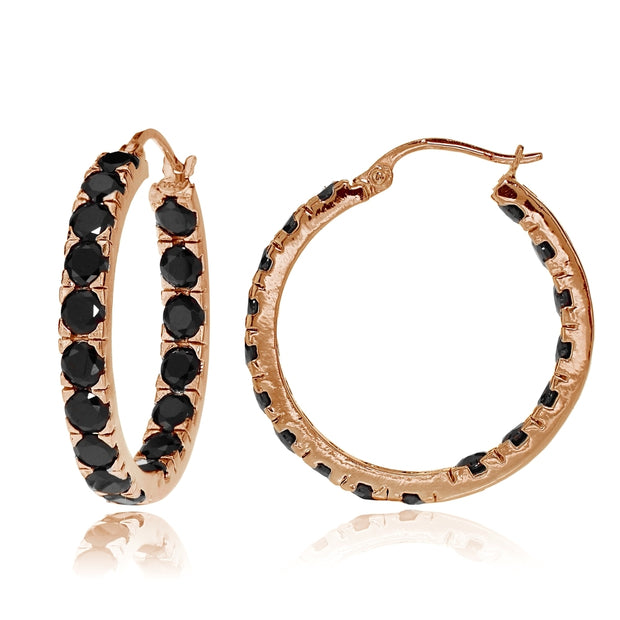 Rose Gold Tone over Sterling Silver Black Cubic Zirconia Inside Out 3x20 mm Round Hoop Earrings