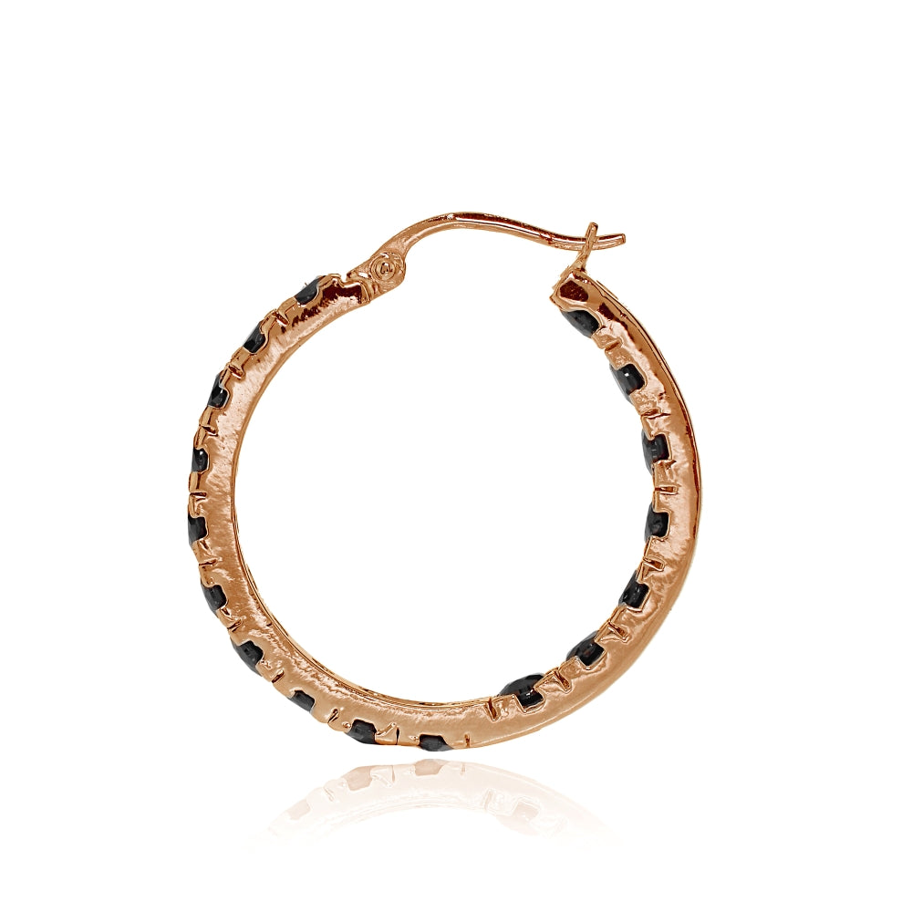 Rose Gold Tone over Sterling Silver Black Cubic Zirconia Inside Out 3x20 mm Round Hoop Earrings-2