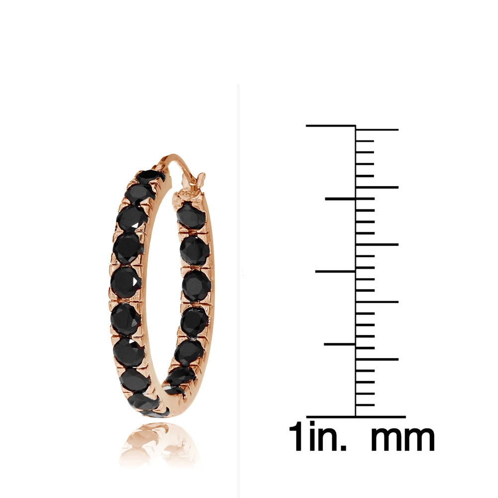 Rose Gold Tone over Sterling Silver Black Cubic Zirconia Inside Out 3x20 mm Round Hoop Earrings-3