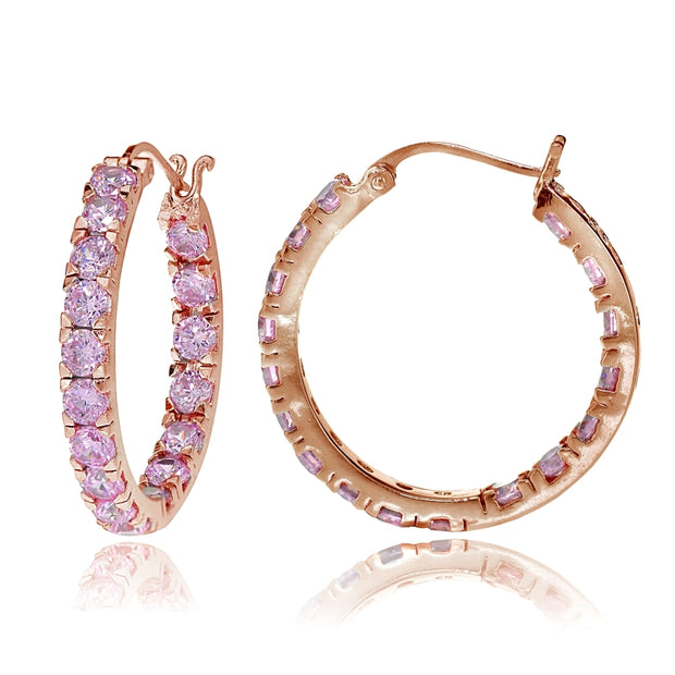 Rose Gold Tone over Sterling Silver Light Pink Cubic Zirconia Inside Out 3x20 mm Round Hoop Earrings