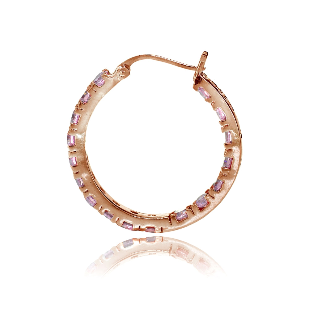 Rose Gold Tone over Sterling Silver Light Pink Cubic Zirconia Inside Out 3x20 mm Round Hoop Earrings-2