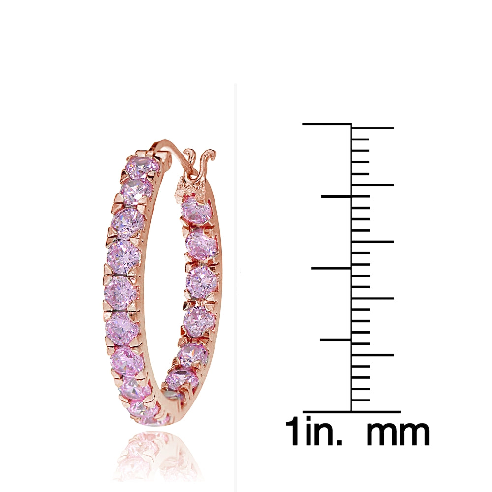 Rose Gold Tone over Sterling Silver Light Pink Cubic Zirconia Inside Out 3x20 mm Round Hoop Earrings-3