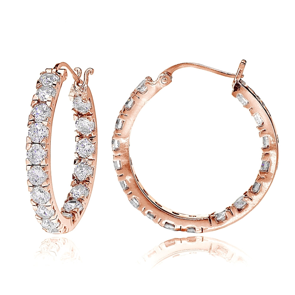 Rose Gold Tone over Sterling Silver Cubic Zirconia Inside Out 3x20 mm Round Hoop Earrings