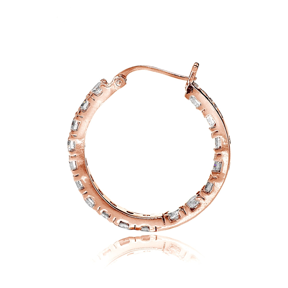 Rose Gold Tone over Sterling Silver Cubic Zirconia Inside Out 3x20 mm Round Hoop Earrings-2
