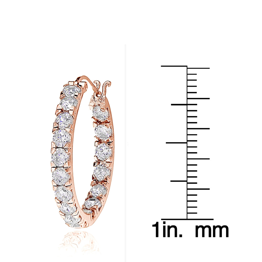 Rose Gold Tone over Sterling Silver Cubic Zirconia Inside Out 3x20 mm Round Hoop Earrings-3