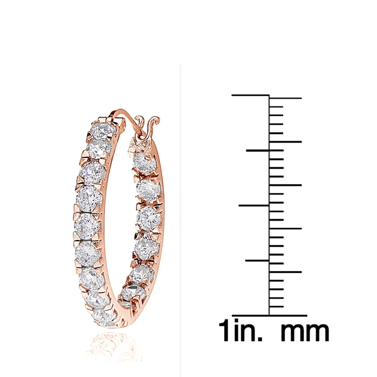 Rose Gold Tone over Sterling Silver Cubic Zirconia Inside Out 3x20 mm Round Hoop Earrings