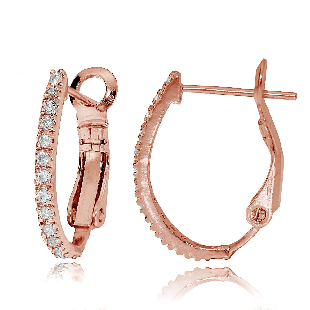 Rose Gold Flash Sterling Silver Cubic Zirconia Oval J-Hoop Huggie Earrings, 18m