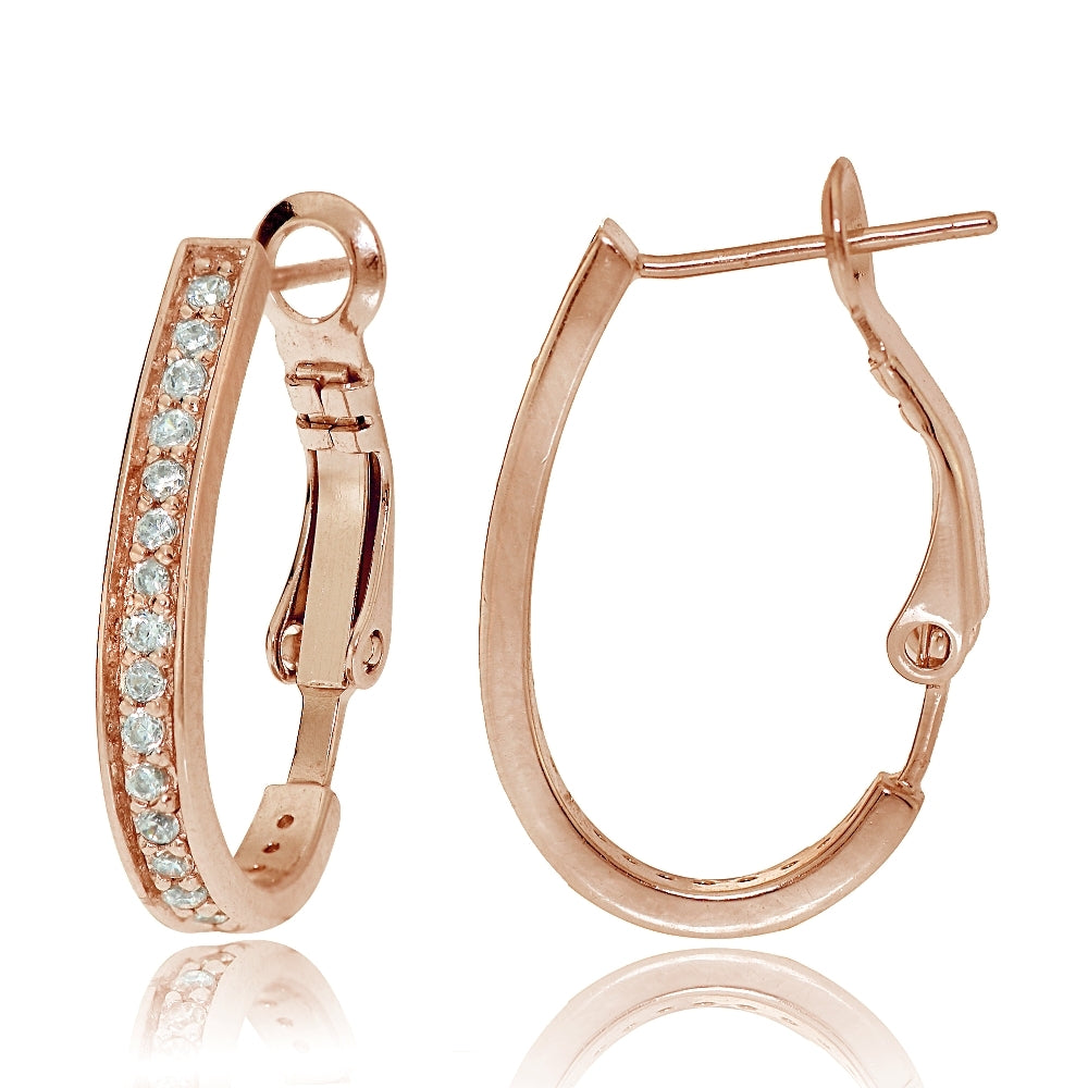 Rose Gold Tone Sterling Silver Cubic Zirconia Oval J-Hoop Earrings, 20mm