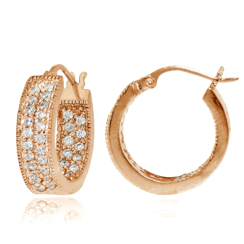 Rose Gold Flash Sterling Silver Cubic Zirconia Two-Row Inside-Out Huggie Hoop Earrings