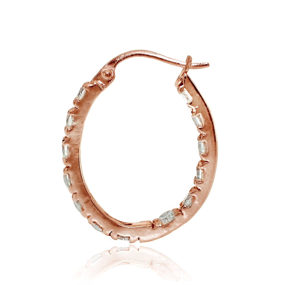 Rose Gold Flash Sterling Silver Cubic Zirconia 20mm Inside-Out Oval Hoop Earrings-2