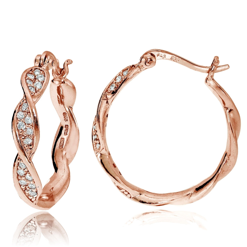 Rose Gold Flash Sterling Silver Cubic Zirconia 24mm Twist Round Hoop Earrings