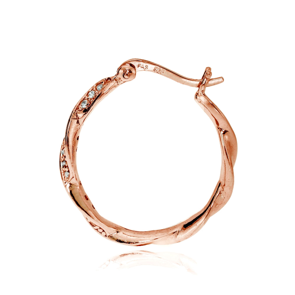 Rose Gold Flash Sterling Silver Cubic Zirconia 24mm Twist Round Hoop Earrings-2