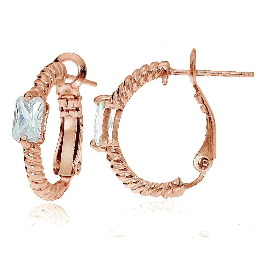 Rose Gold Flash Sterling Silver Cubic Zirconia Rectangle Oval J-Hoop Earrings