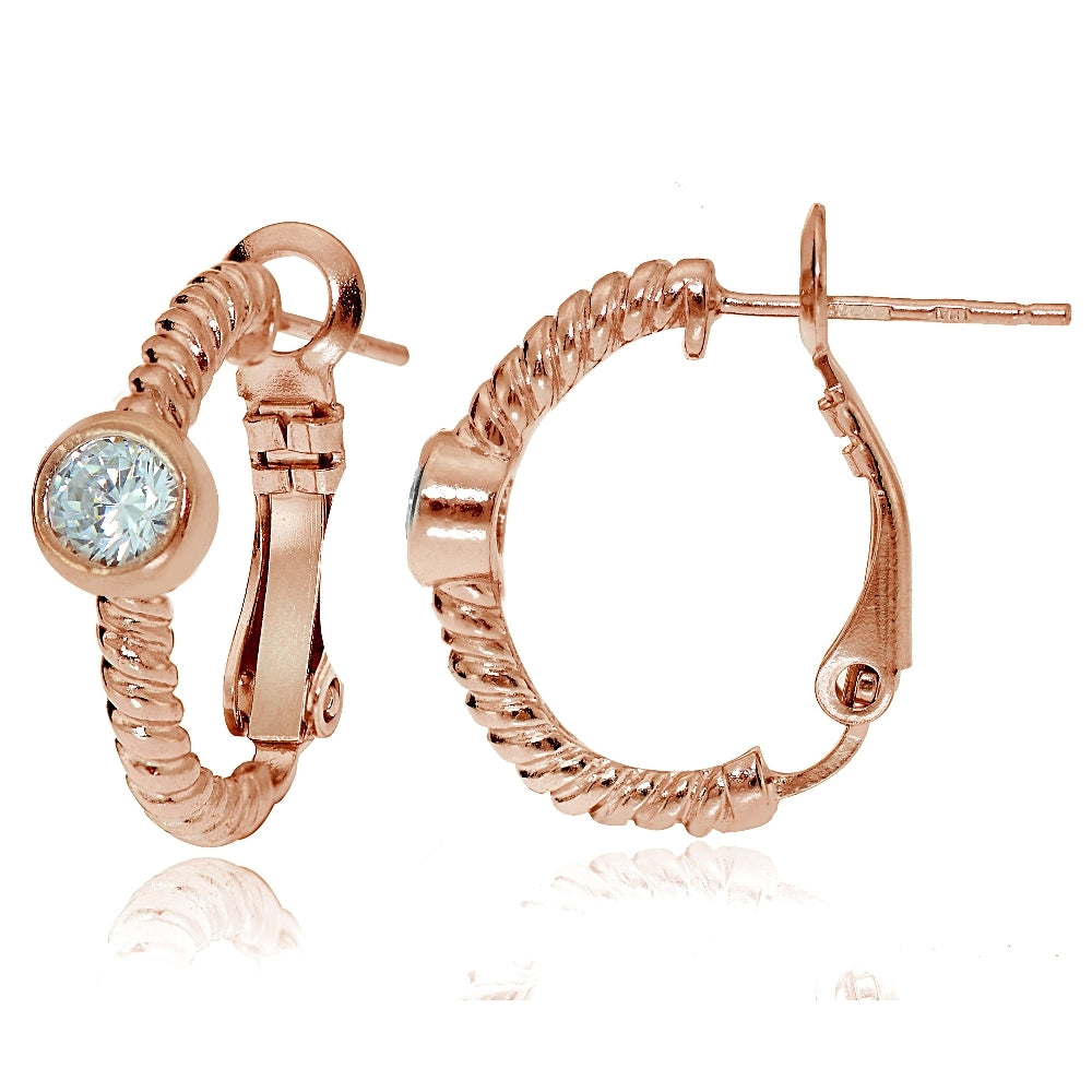 Rose Gold Flash Sterling Silver Cubic Zirconia Round Oval J-Hoop Earrings