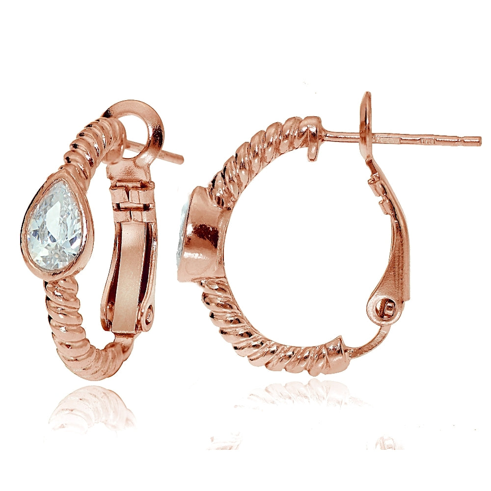 Rose Gold Flash Sterling Silver Cubic Zirconia Teardrop Oval J-Hoop Earrings