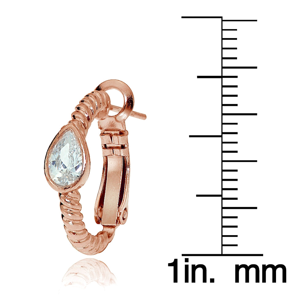Rose Gold Flash Sterling Silver Cubic Zirconia Teardrop Oval J-Hoop Earrings-3