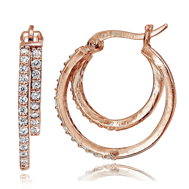 Rose Gold Flash Sterling Silver Cubic Zirconia Double Circle Round Hoop Earrings, 20mm