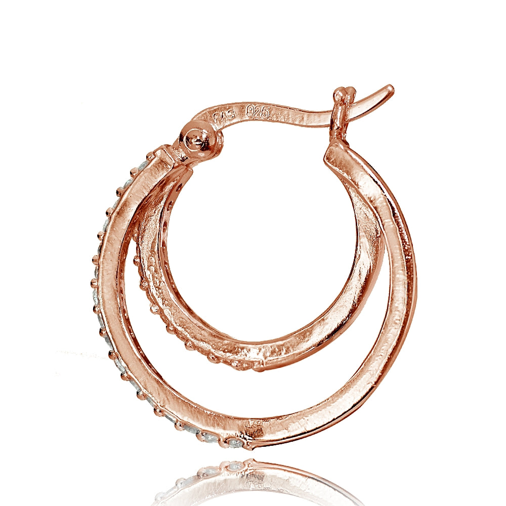 Rose Gold Flash Sterling Silver Cubic Zirconia Double Circle Round Hoop Earrings, 20mm-2