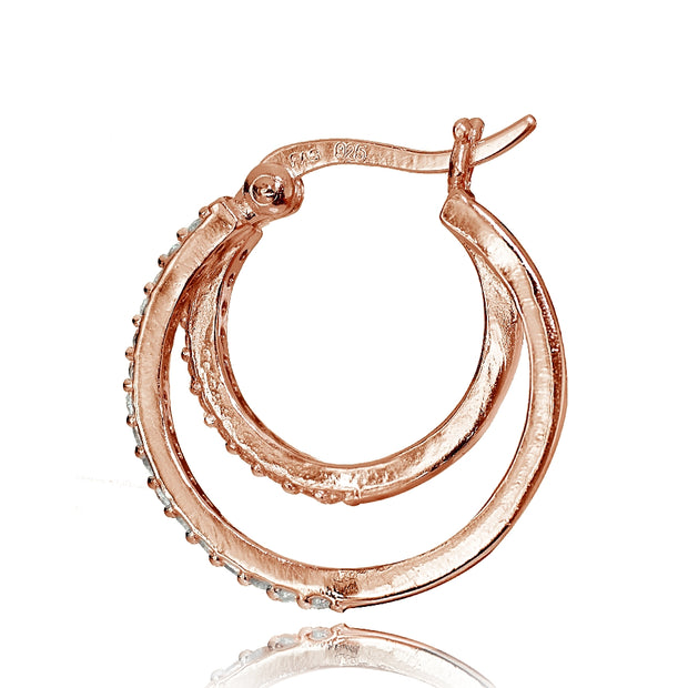 Rose Gold Flash Sterling Silver Cubic Zirconia Double Circle Round Hoop Earrings, 20mm