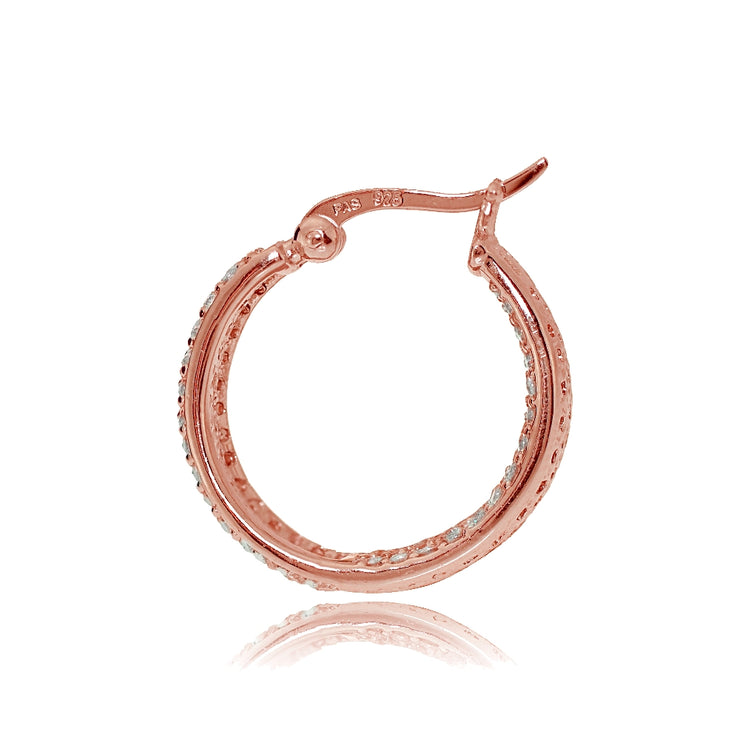 Rose Gold Flash Sterling Silver Cubic Zirconia Inside-Out Fashion Huggie Hoop Earrings