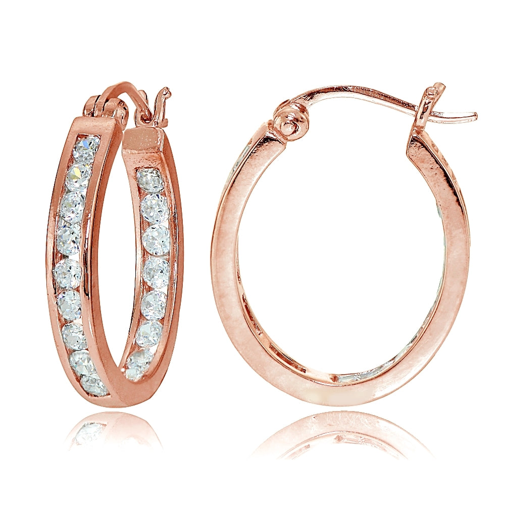 Rose Gold Tone over Sterling Silver Cubic Zirconia Channel Set Inside-Out Oval Hoop Earrings