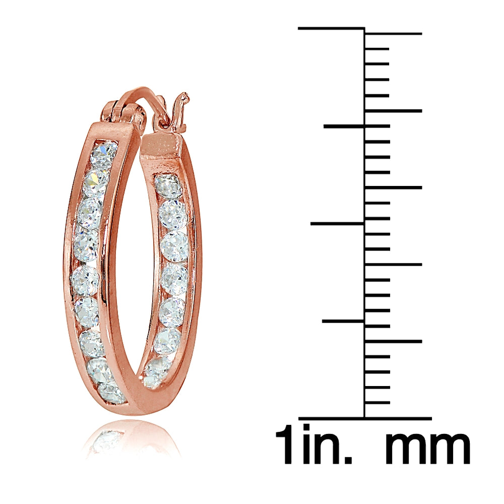 Rose Gold Tone over Sterling Silver Cubic Zirconia Channel Set Inside-Out Oval Hoop Earrings-3