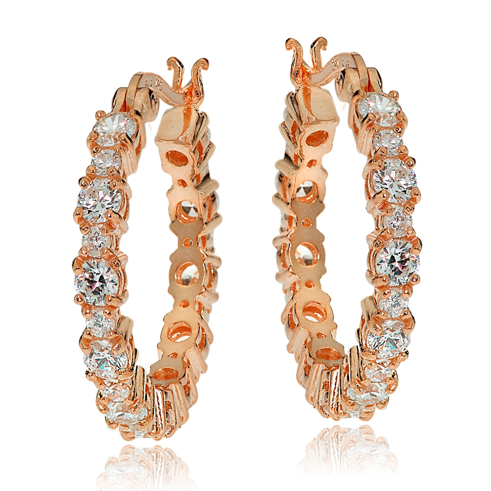 Rose Gold Tone over Sterling Silver Round Cubic Zirconia 22mm Hoop Earrings-2