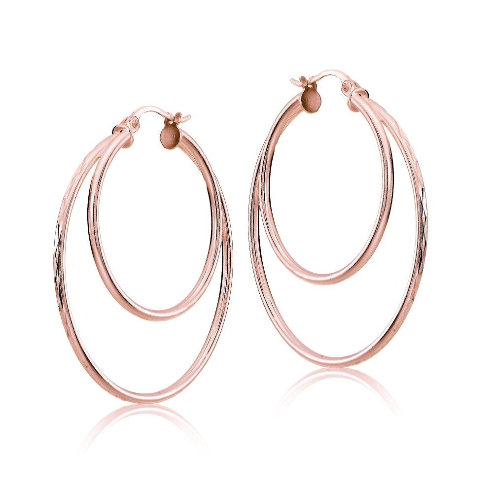 Rose Gold Tone over Sterling Silver Diamond-cut 38mm Round Double Hoop Earrings-2