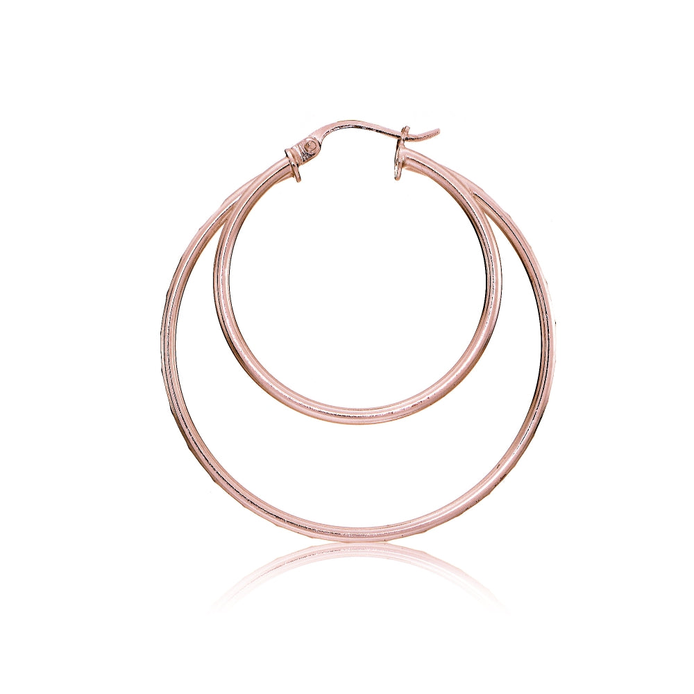 Rose Gold Tone over Sterling Silver Diamond-cut 38mm Round Double Hoop Earrings-3