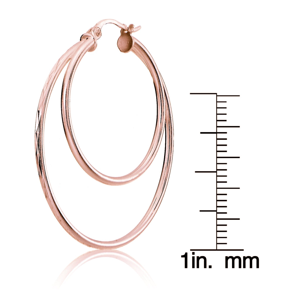 Rose Gold Tone over Sterling Silver Diamond-cut 38mm Round Double Hoop Earrings-4