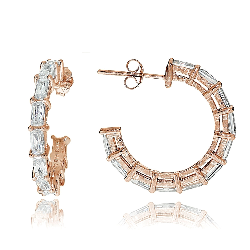 Rose Gold Tone over Sterling Silver Cubic Zirconia Baguette Cut Half Hoop Earrings