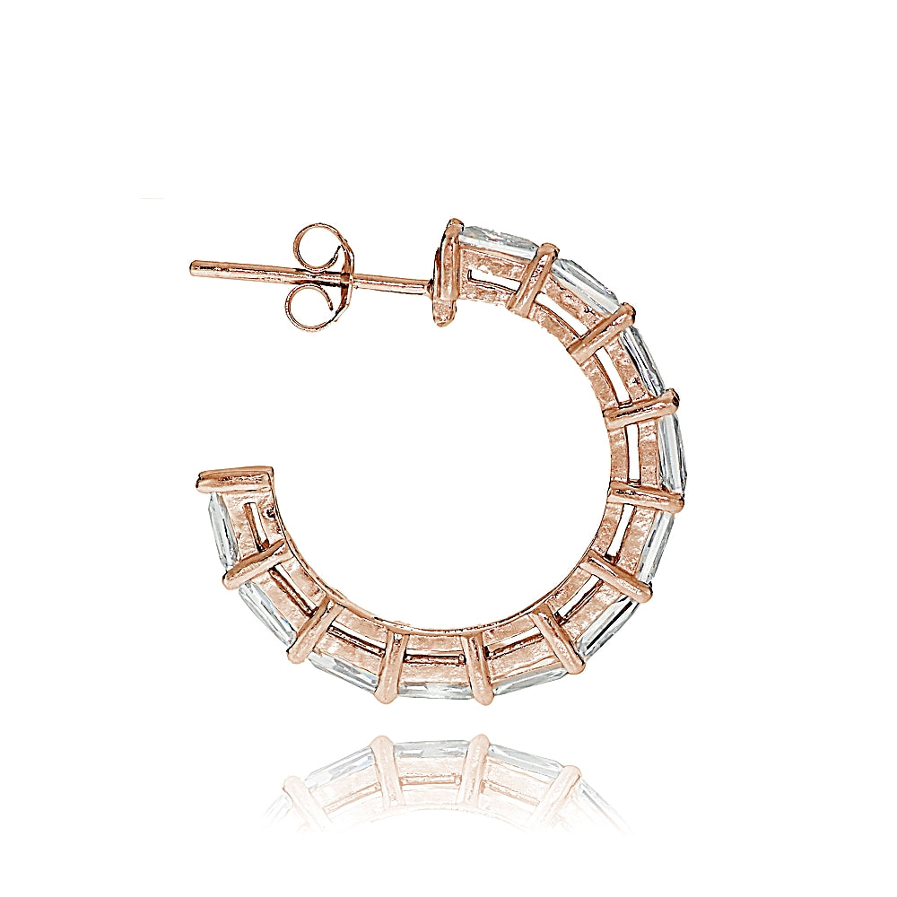 Rose Gold Tone over Sterling Silver Cubic Zirconia Baguette Cut Half Hoop Earrings-2
