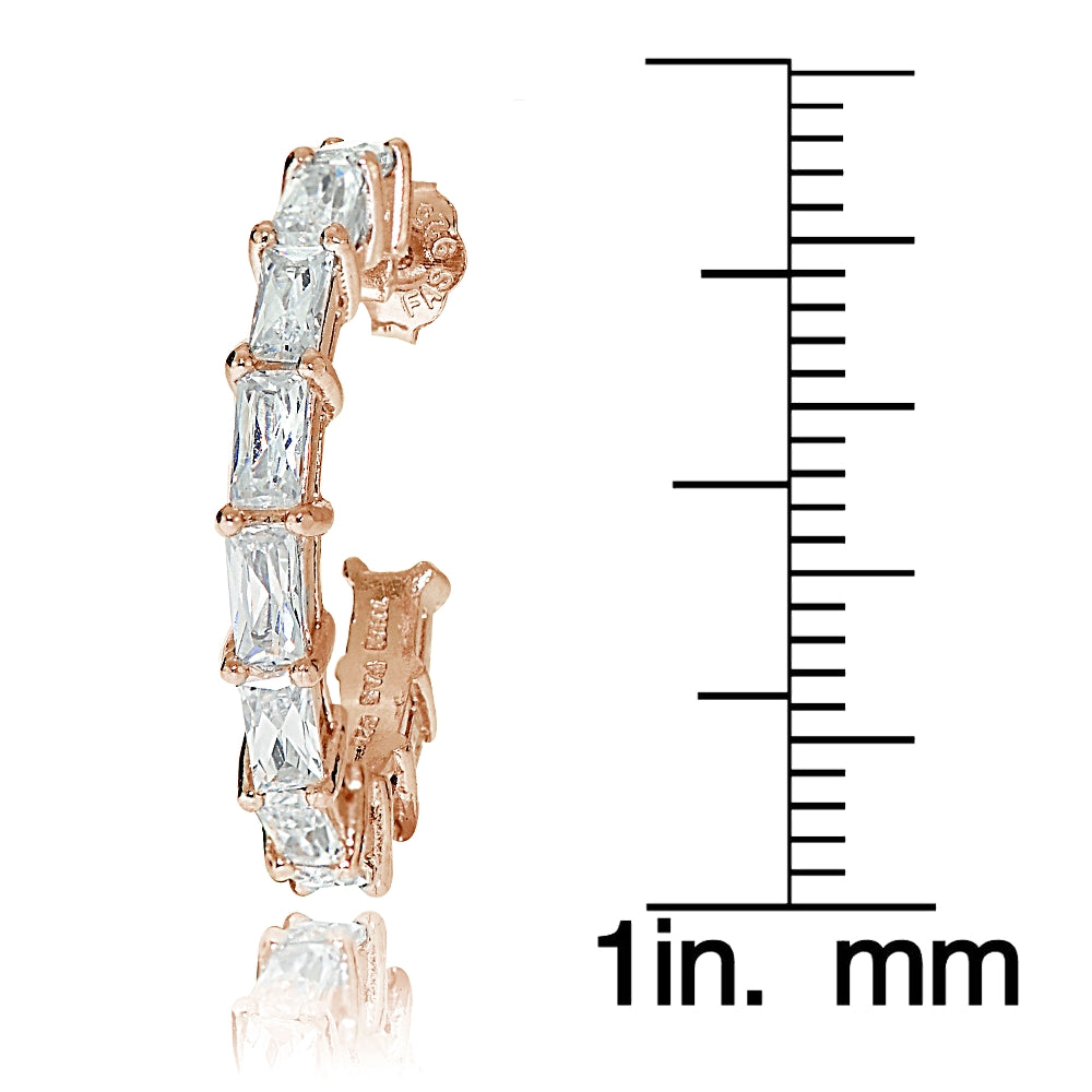 Rose Gold Tone over Sterling Silver Cubic Zirconia Baguette Cut Half Hoop Earrings-3